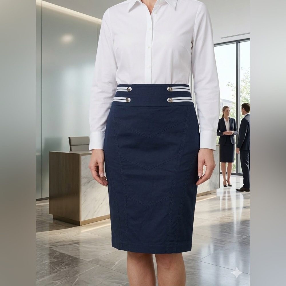 Classic Navy Pencil Skirt with Button Detail